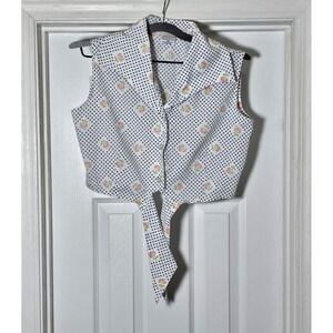 Vintage Ditzy Floral Polka Dot Tie Front Blouse Top Size 34 Small White